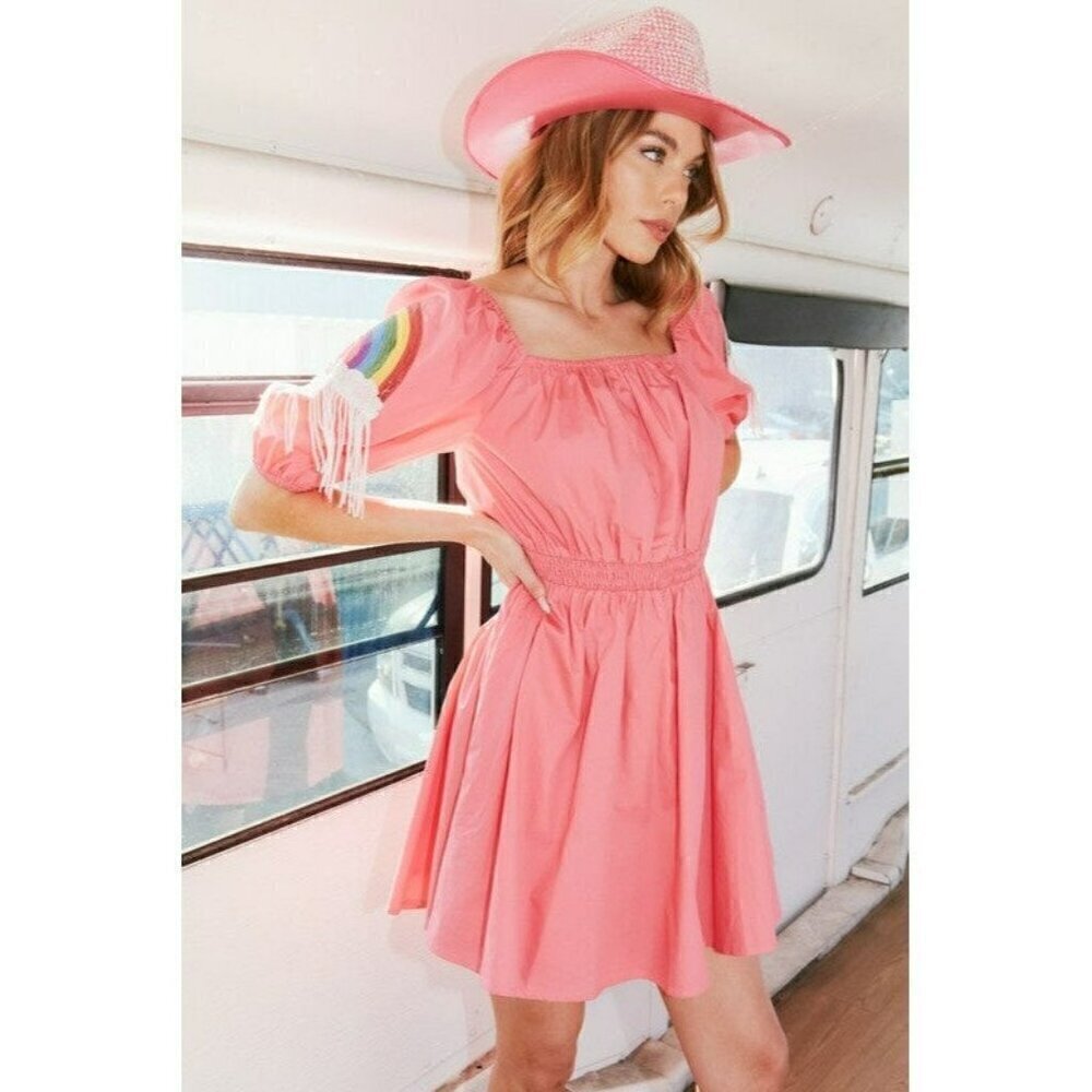 Happiest Day Ever Rainbow Sequin Sleeve Dress in Dark Coral - Picture 5 of 10